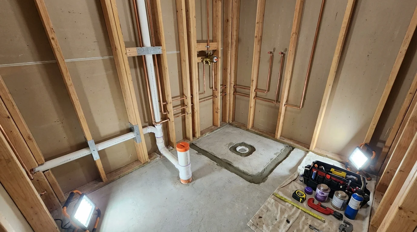 Bathroom rough-in plumbing during remodel by Johns Plumbing LLC in Valparaiso