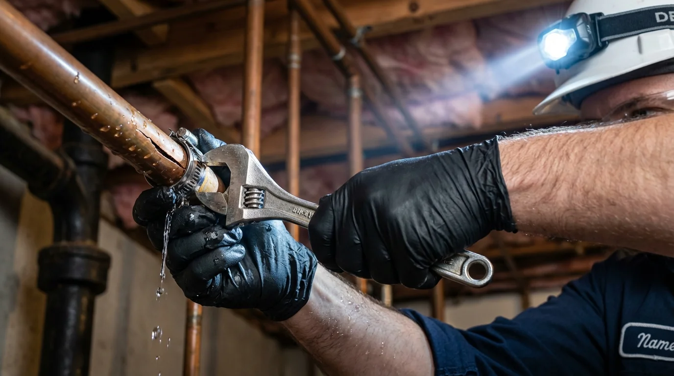 Emergency pipe clamp repair being performed by a Johns Plumbing LLC plumber in Valparaiso