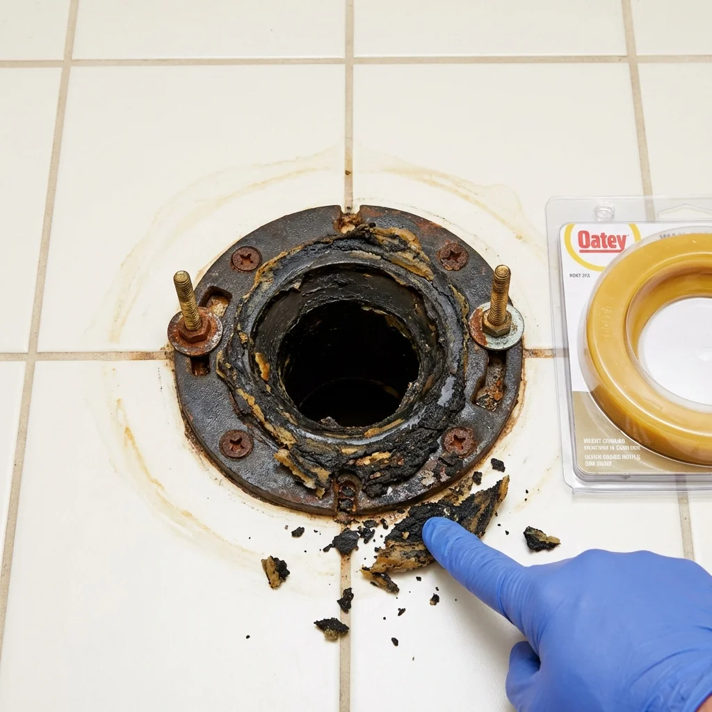 Failed wax ring showing water seepage at the base of a toilet in a Valparaiso, IN home