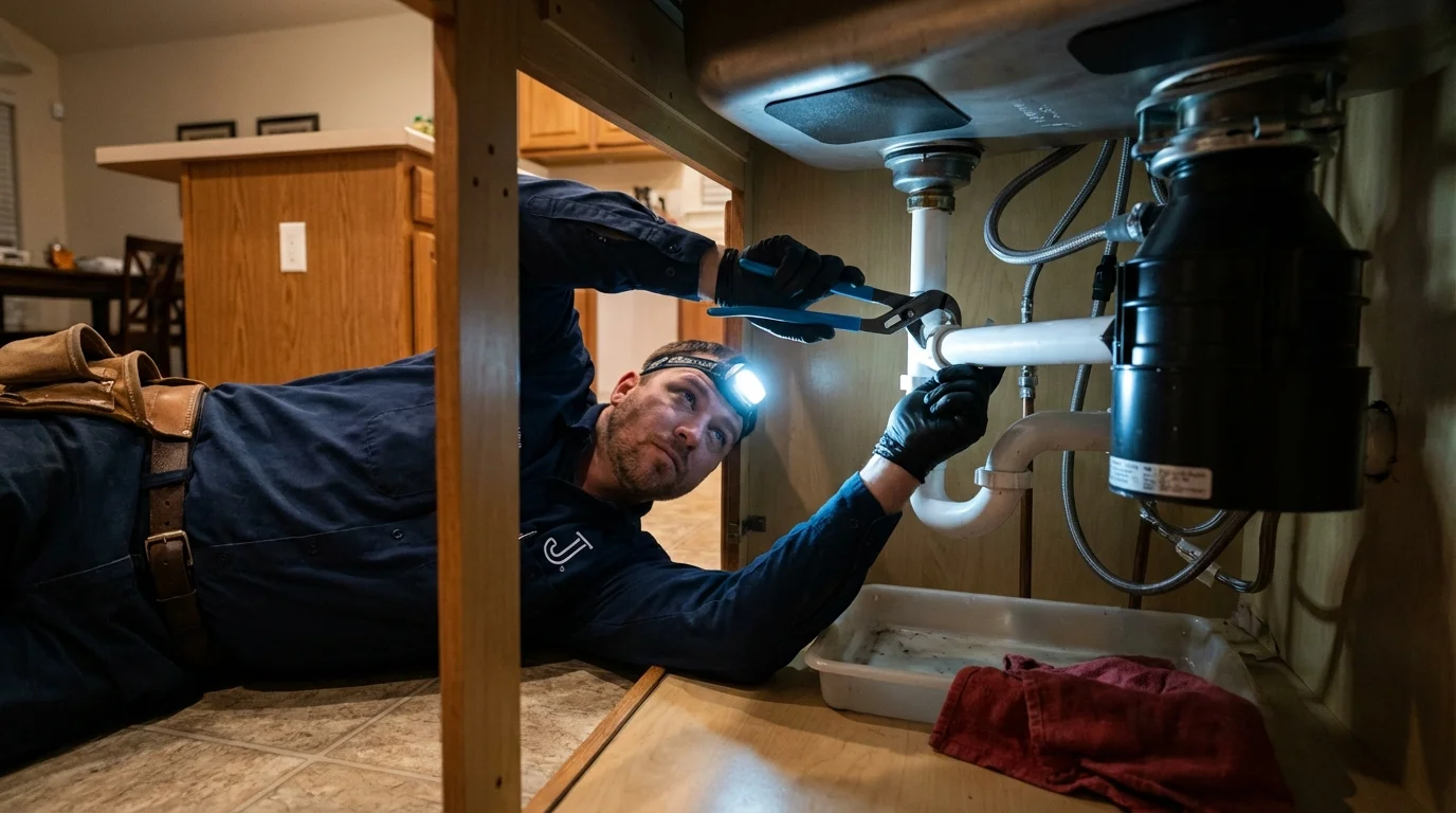 P-trap and supply line connections under a kitchen sink showing a common leak point in Valparaiso, IN